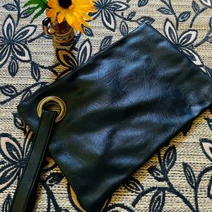 NEW Stylish Black Leather Pouch Clutch Wristlet